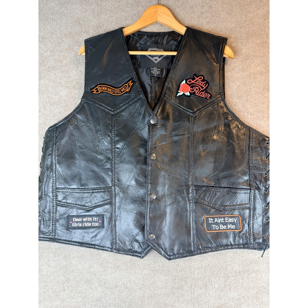 Diamond Plate Womens XL Black Leather Patchwork Motorcycle Vest Lady Rider